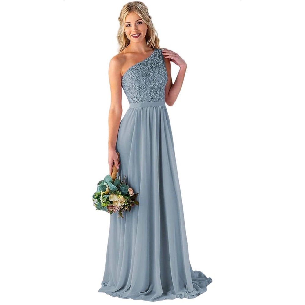 Women's One Shoulder Bridesmaid Dress Dusty Blue Chiffon fabric Size 14 NWT